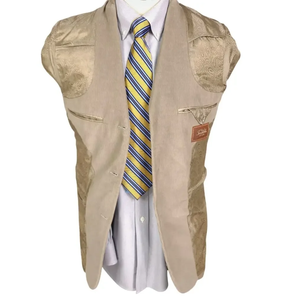 TASSO ELBA Sport Suit Coat Blazer Mens Tan Corduroy Three Button Cotton LARGE